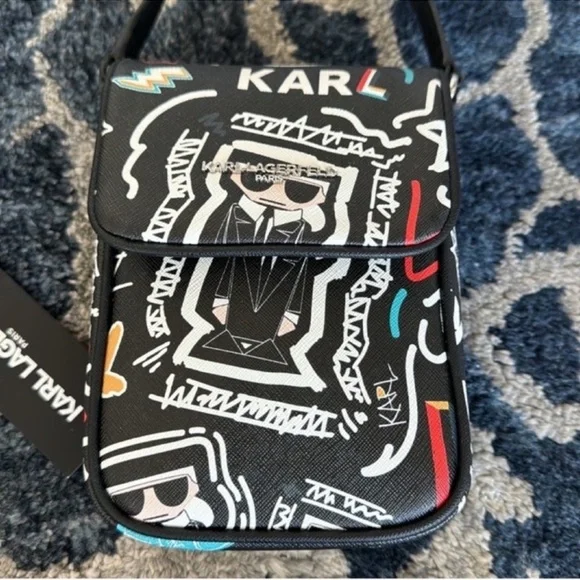 NWT Karl Lagerfeld Graffiti Paris Crossbody Bag/Purse Black White - Picture 2 of 9